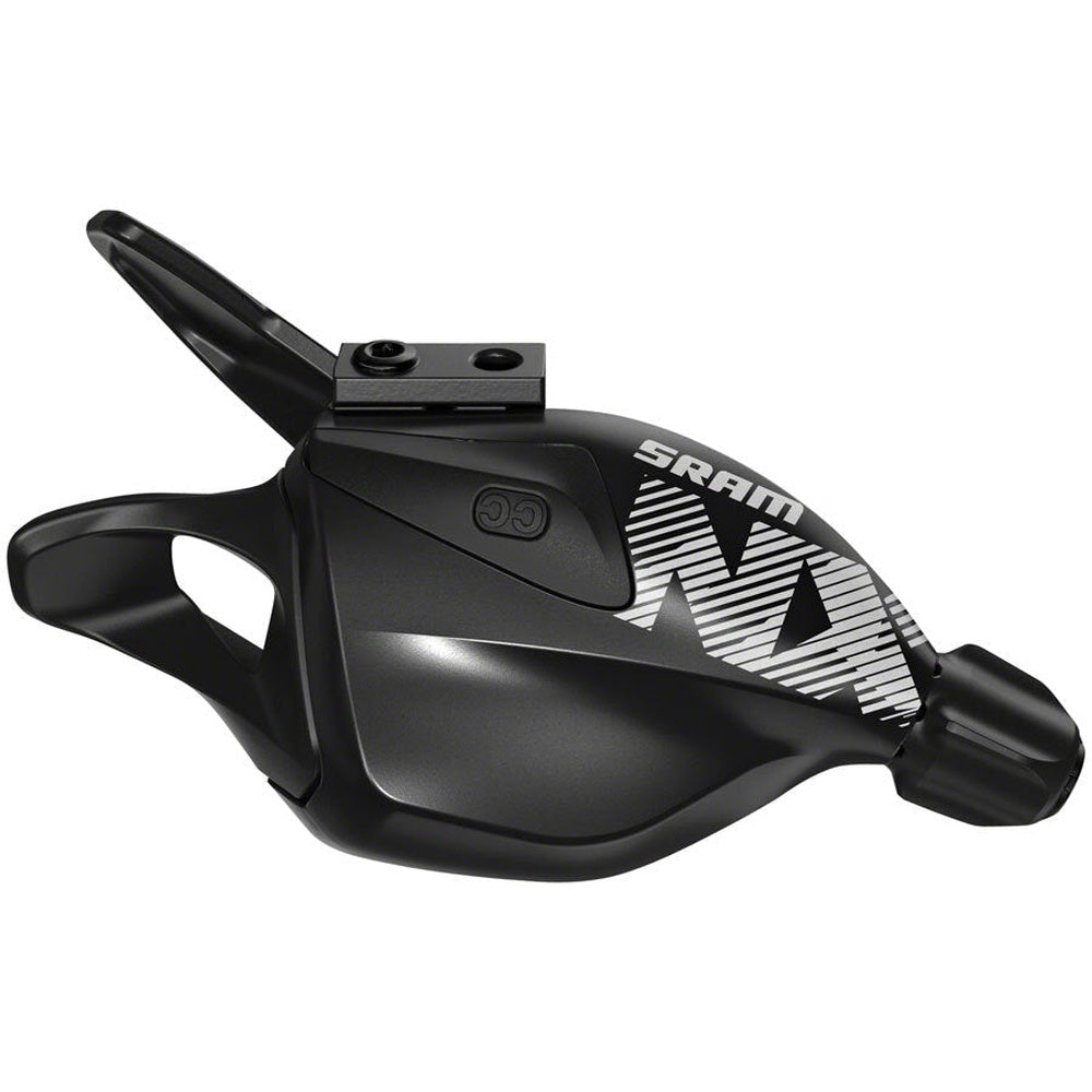 SRAM NX Eagle 12-speed trigger shifter in black with white striped graphics