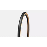 Specialized Pathfinder gravel tire with black tread and tan sidewalls on white background