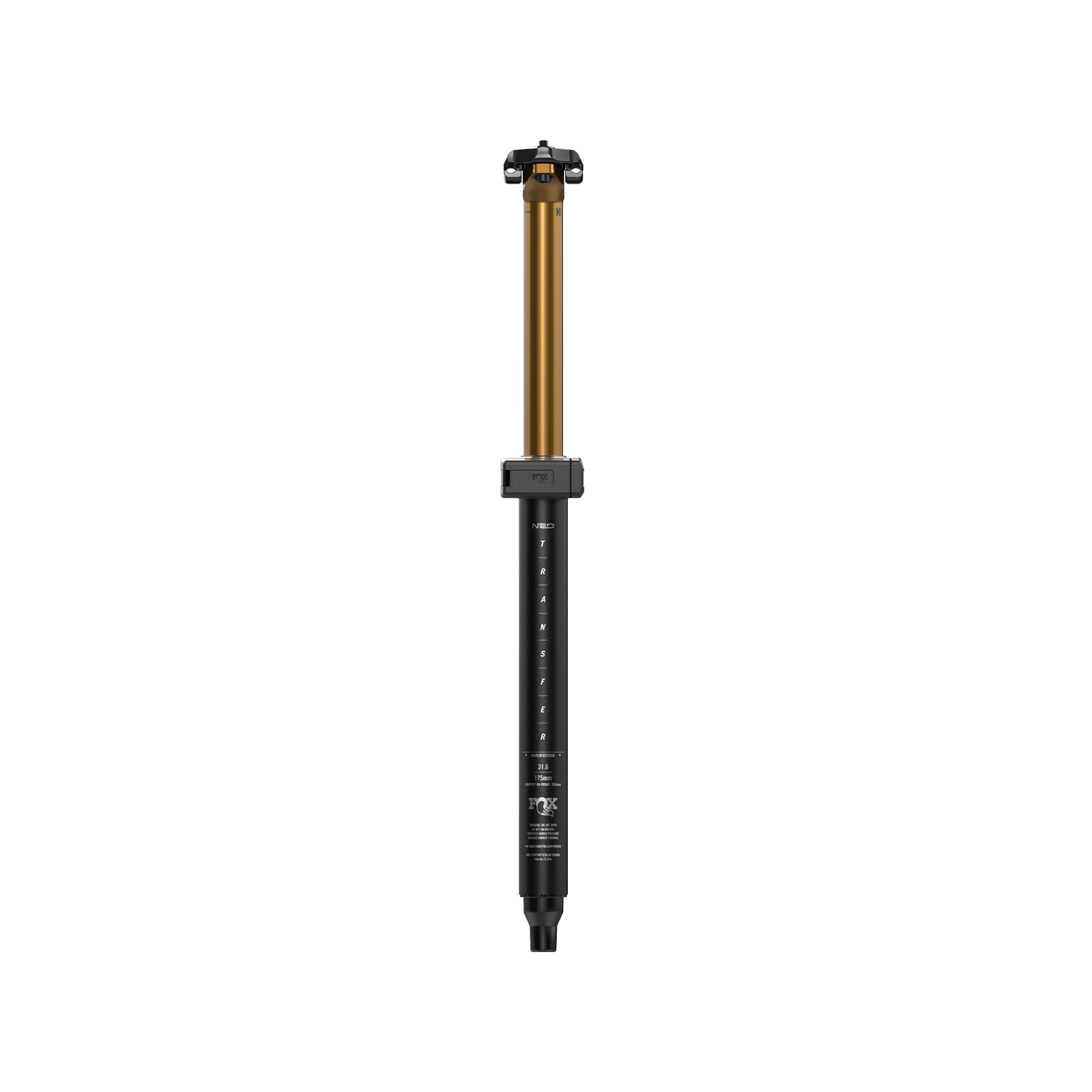 Fox Transfer Neo dropper seatpost with black and gold finish on white background