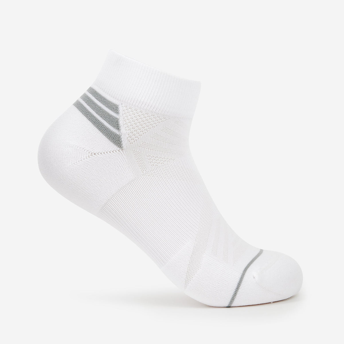 Thorlos Experia XSpeed white ankle running sock, side profile showing gray stripe detail
