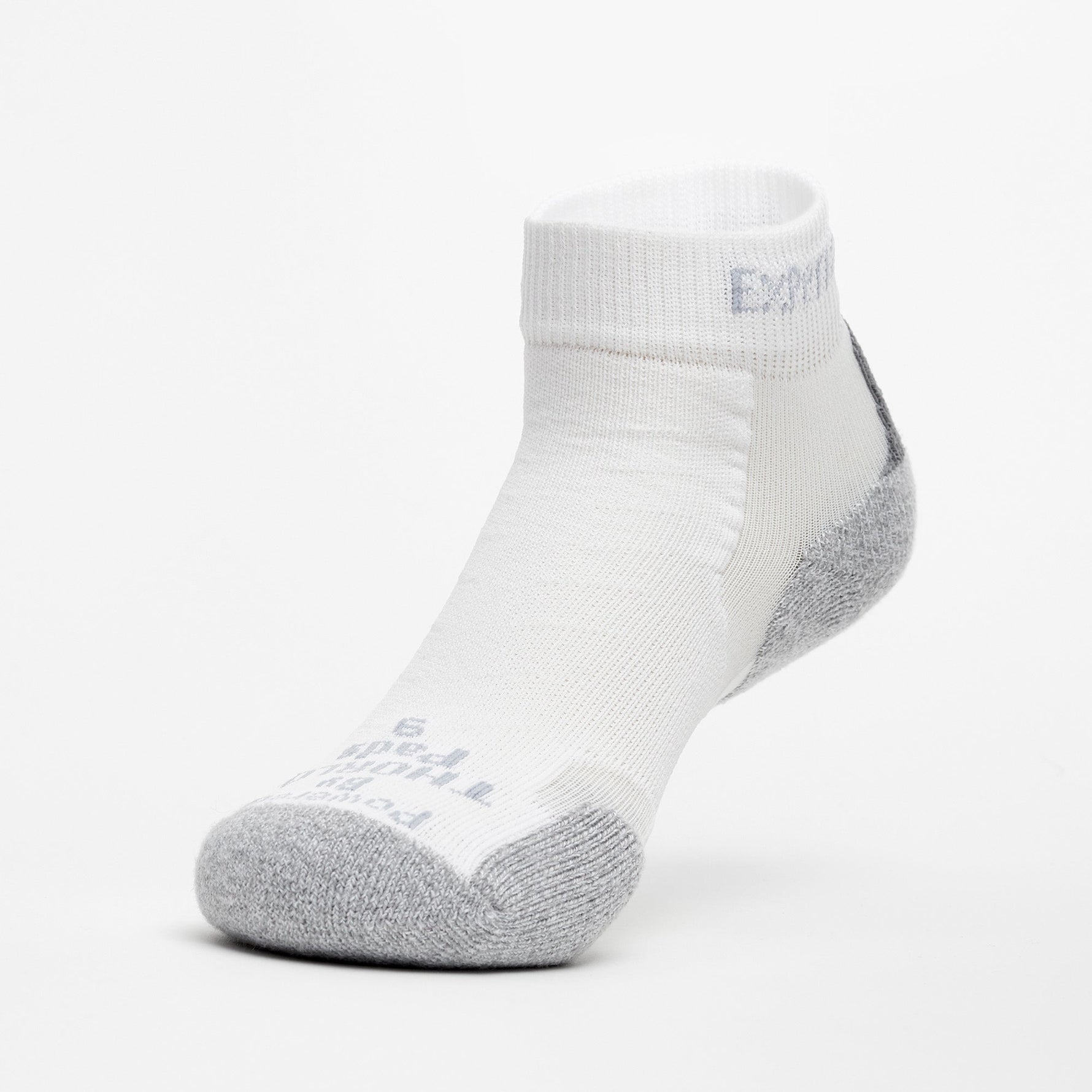 White Experia TECHFIT Light Cushion ankle sock with gray heel and toe reinforcement