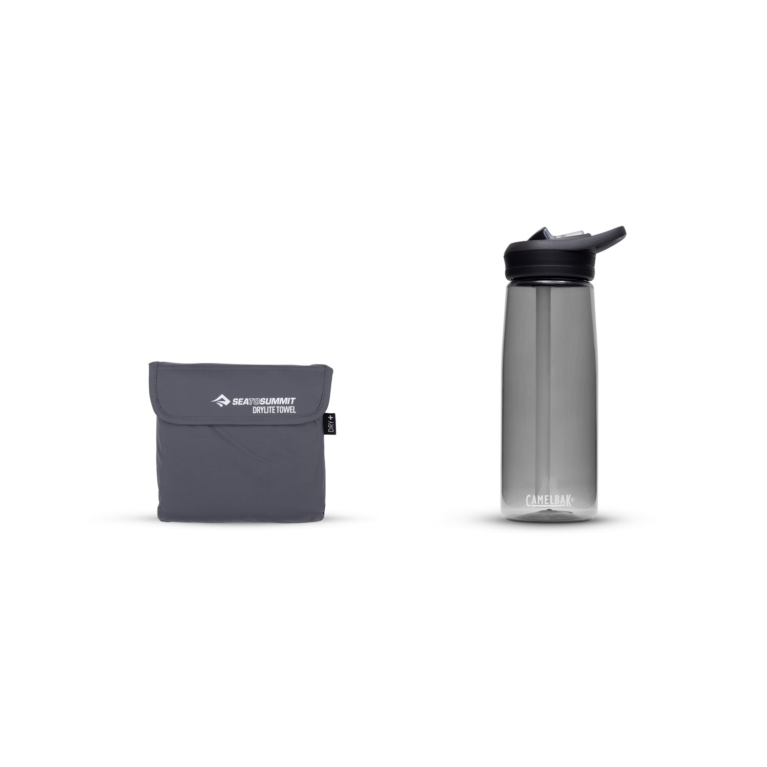 Sea To Summit Drylite Towel in grey with storage pouch and water bottle for scale