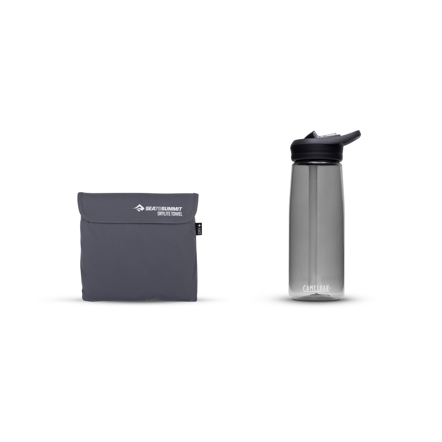 Sea to Summit Drylite Towel in grey with carrying pouch and water bottle