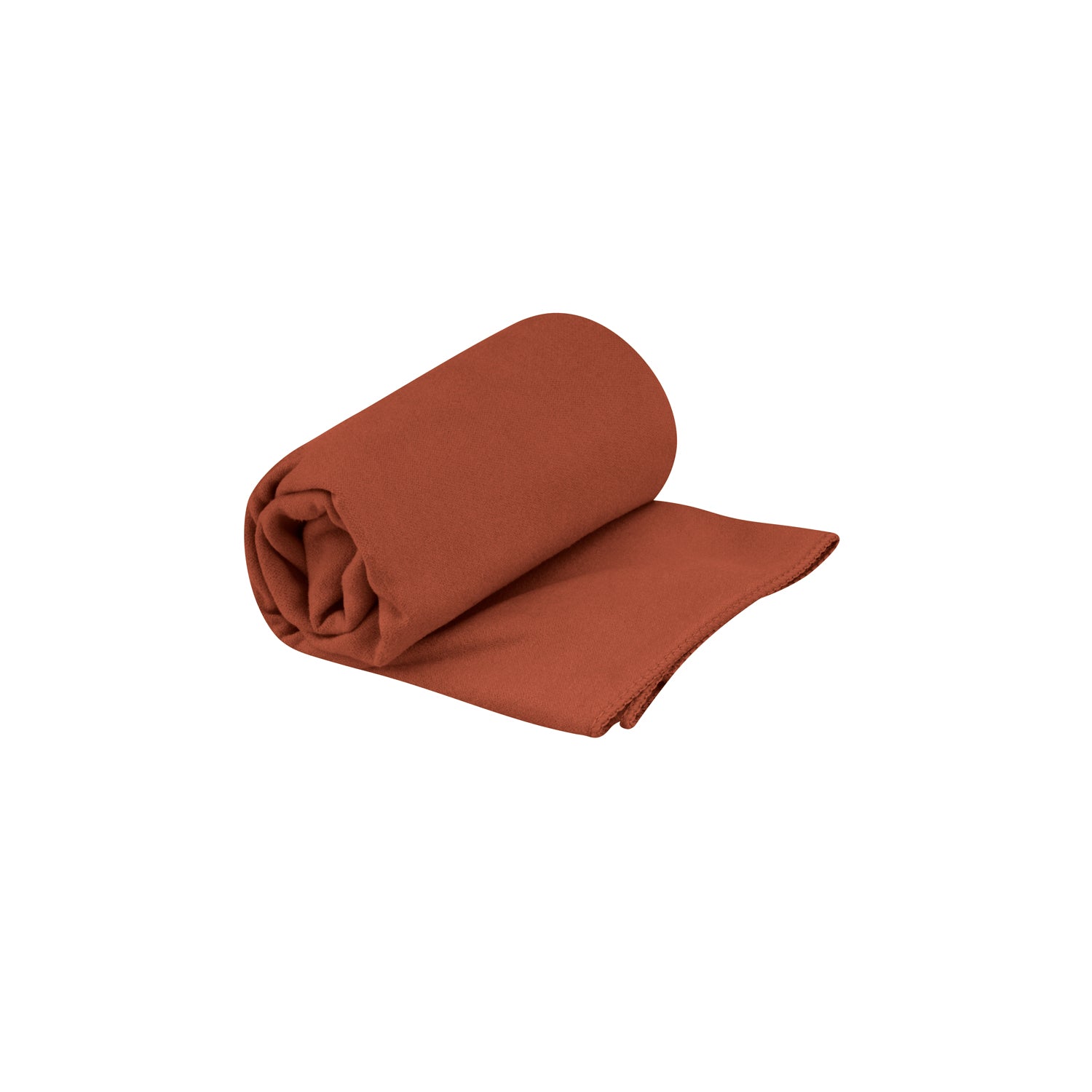 Sea To Summit Drylite Towel in orange color, rolled and partially unfolded on white background