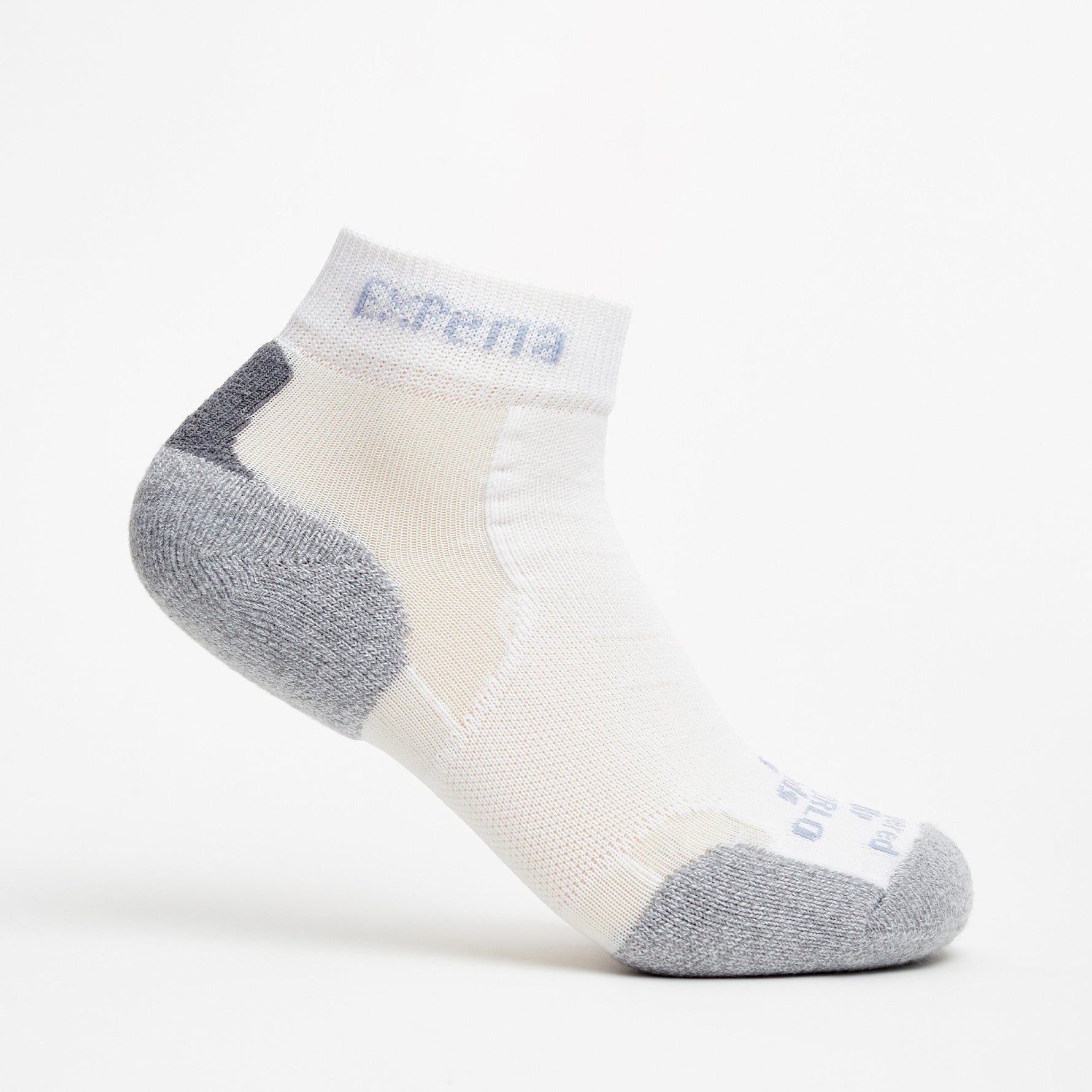 Experia white ankle sock with gray reinforced heel and toe areas
