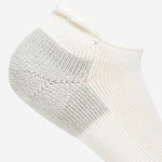 Thorlo white running rolltop ankle sock with gray cushioned heel detail close-up