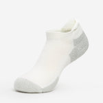 Thorlo white rolltop running sock with gray cushioned heel and toe sections