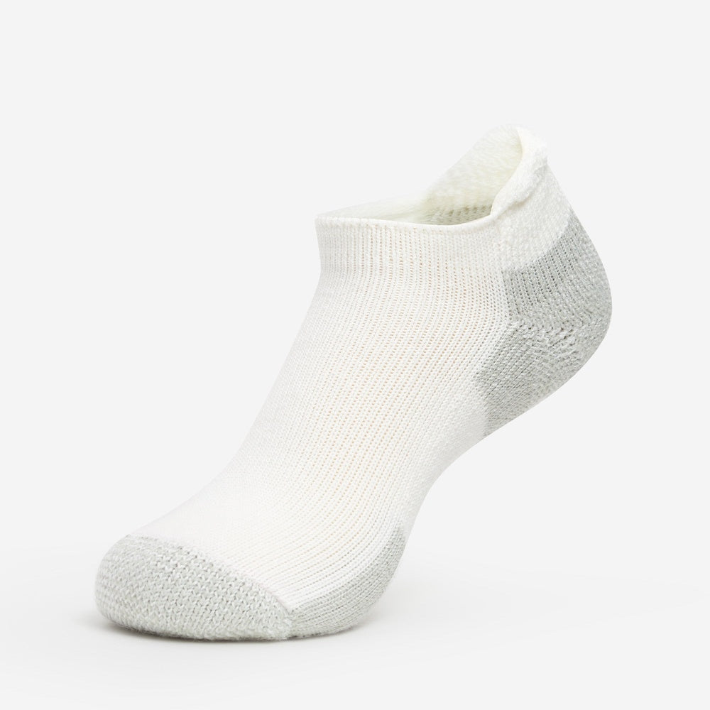 Thorlo white rolltop running sock with gray cushioned heel and toe sections
