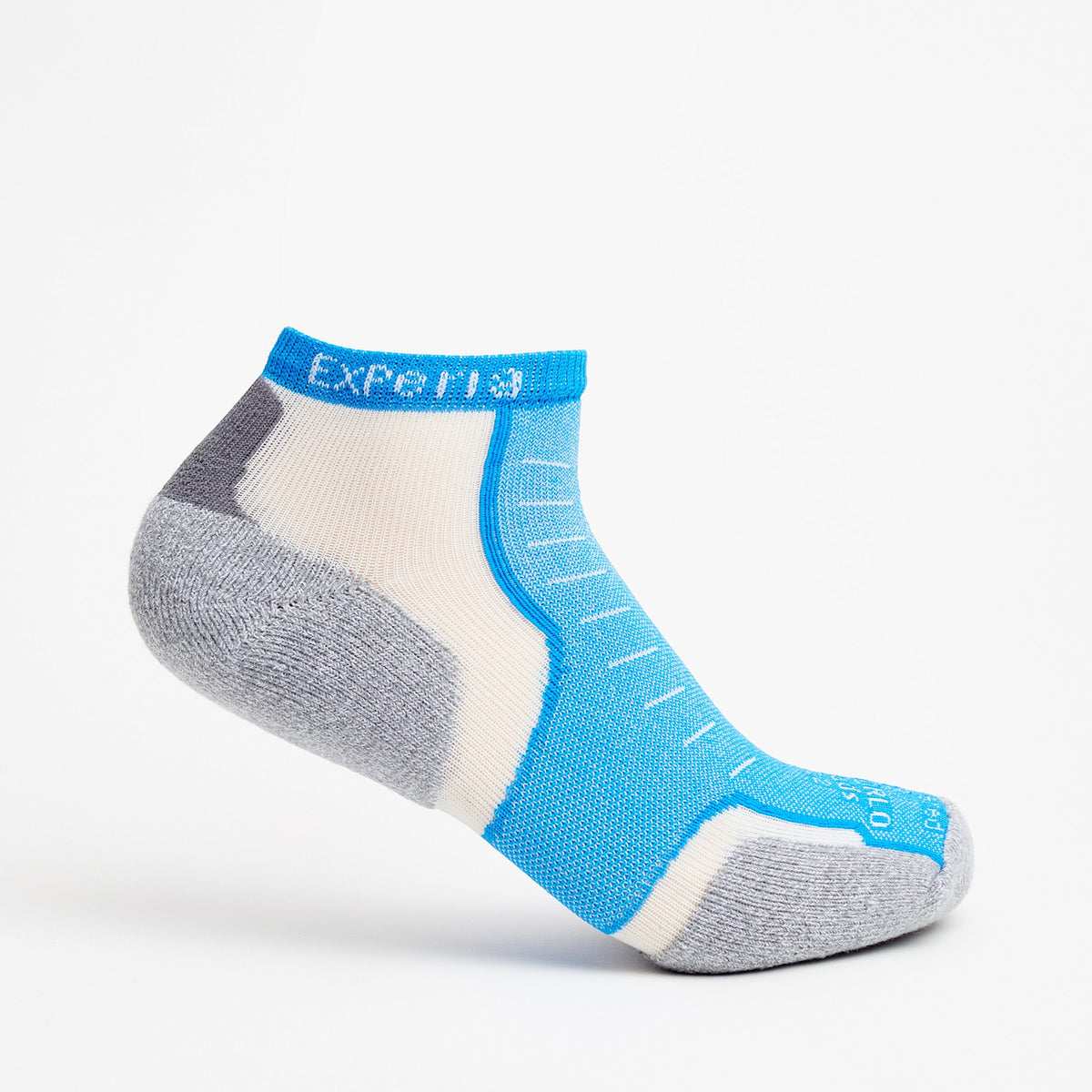 Thorlos Experia low-cut ankle sock in blue, white, and gray with cushioned sole