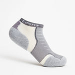 Experia Light Cushion Low-Cut sock in Night Grey with white and purple accents