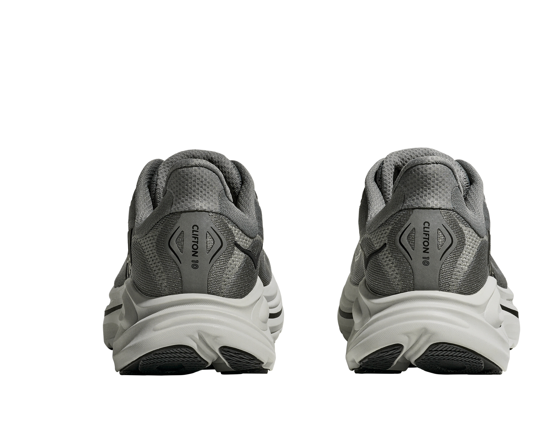 Hoka Clifton 10 men's running shoes in galactic grey, rear heel view