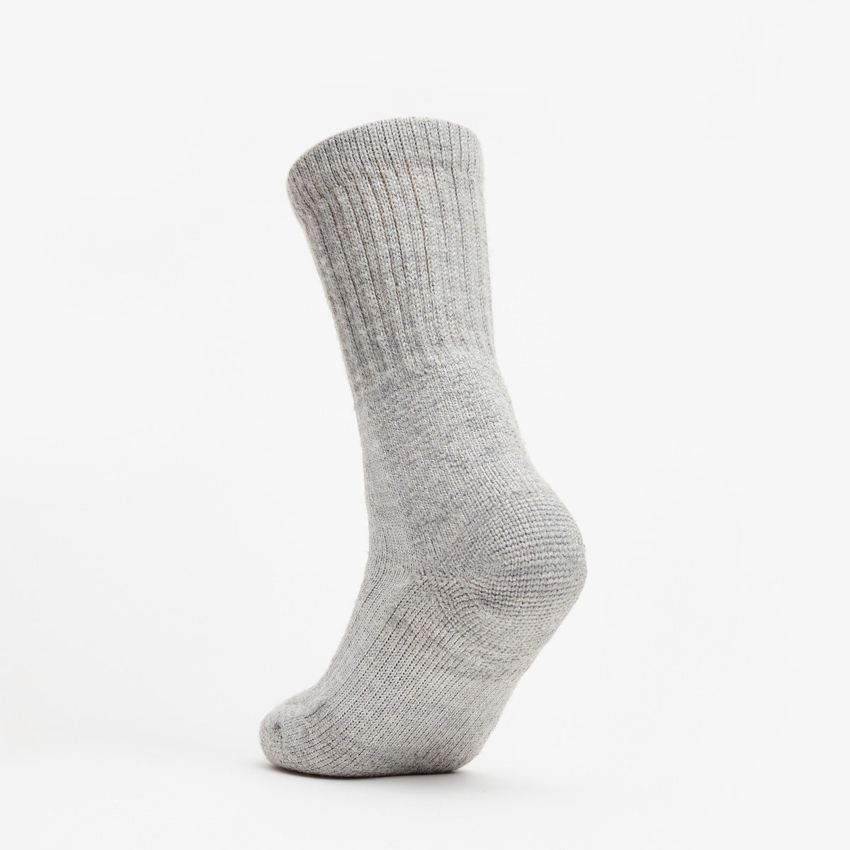 Thorlos light grey crew sock with ribbed cuff and cushioned heel and toe