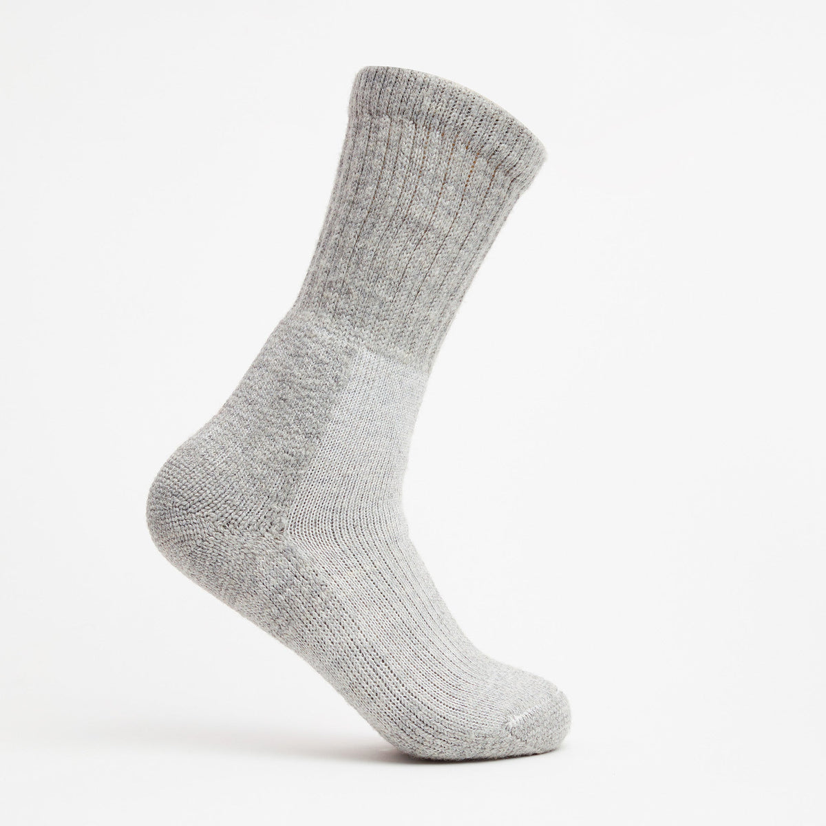 Thorlos trekking crew sock in light grey with cushioned sole and ribbed cuff