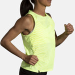 Brooks Sprint Free Tank 2.0 in light lime with interval gradient pattern, shown on running model