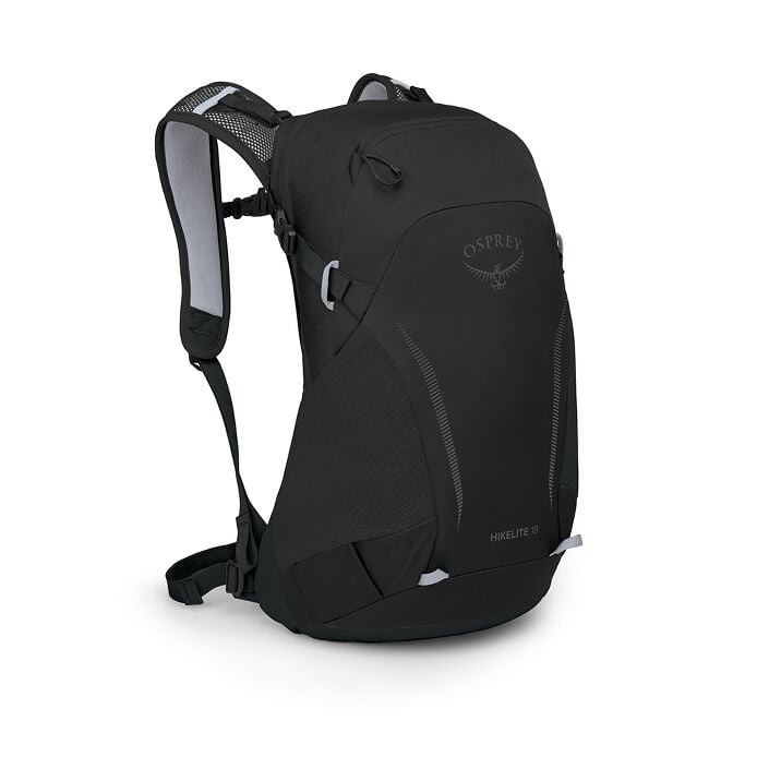 Osprey Hikelite 18 black hiking daypack with shoulder straps on white background