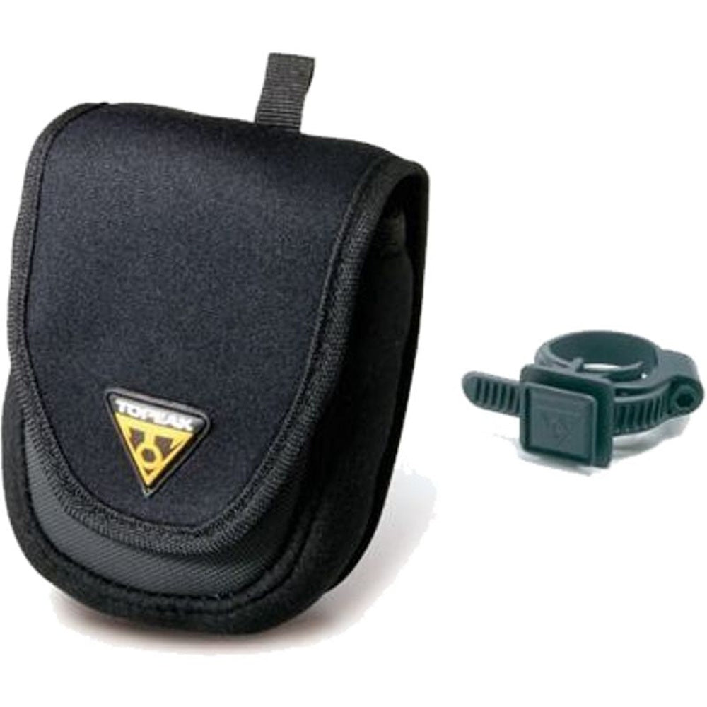 Topeak black bicycle saddle bag with mounting bracket on white background