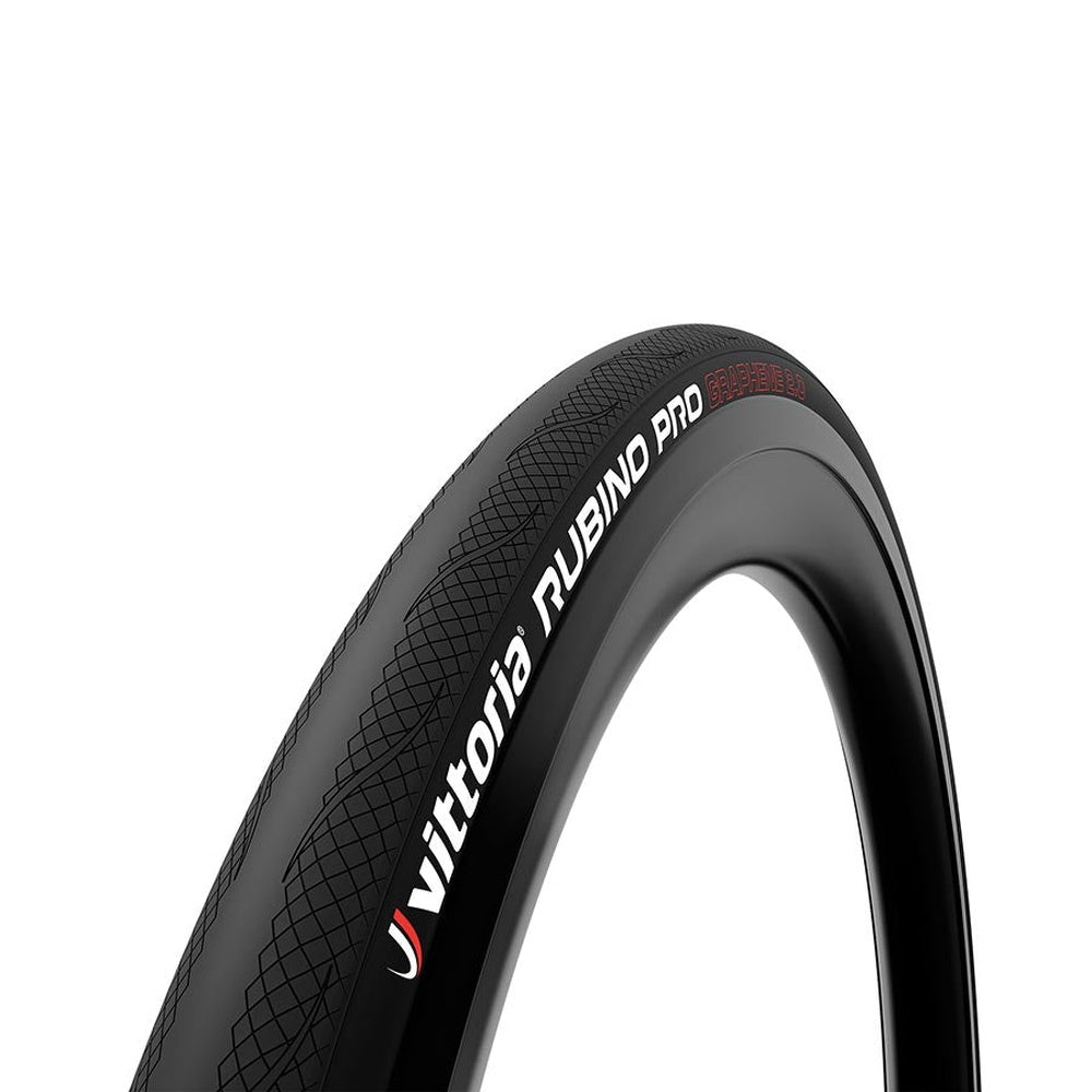 Vittoria Rubino Pro black bicycle tire with diamond tread pattern on white background