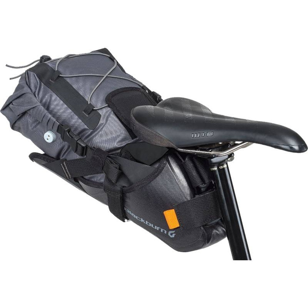 Blackburn Outpost Elite Universal Seat Pack mounted under bicycle saddle, gray and black colorway