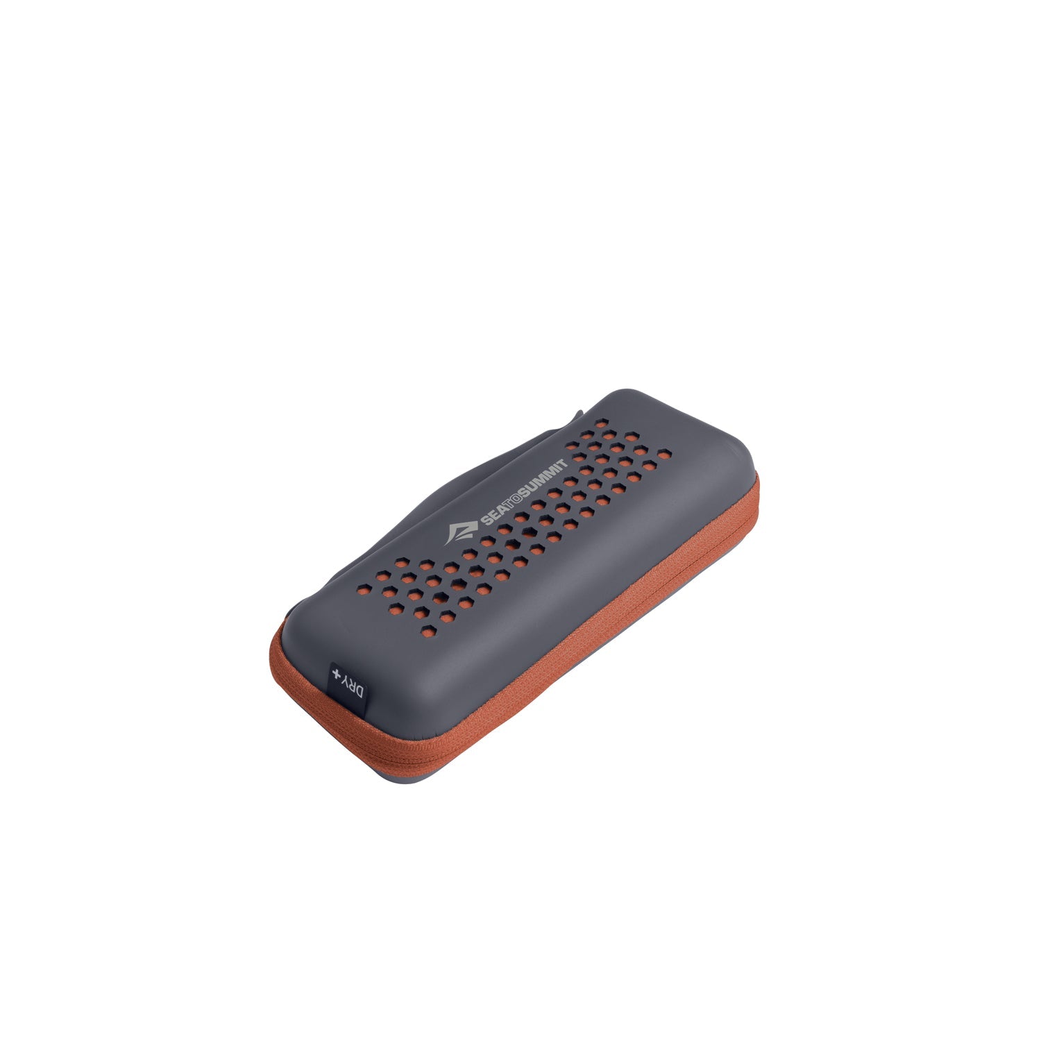 Sea To Summit Pocket Towel in dark grey with orange trim and ventilation holes