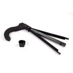 Kuat Sherpa 2.0 ratchet arm assembly in matte black with hardware components laid flat