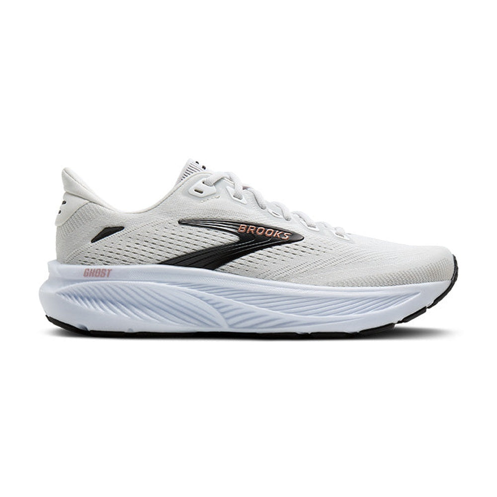 Brooks Ghost 18 running shoe in white with black swoosh and rose gold details