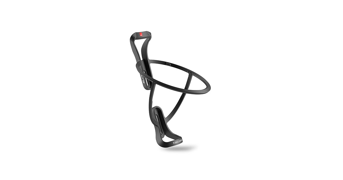 Elite T-Race Carbon water bottle cage in matte black with red accent on white background