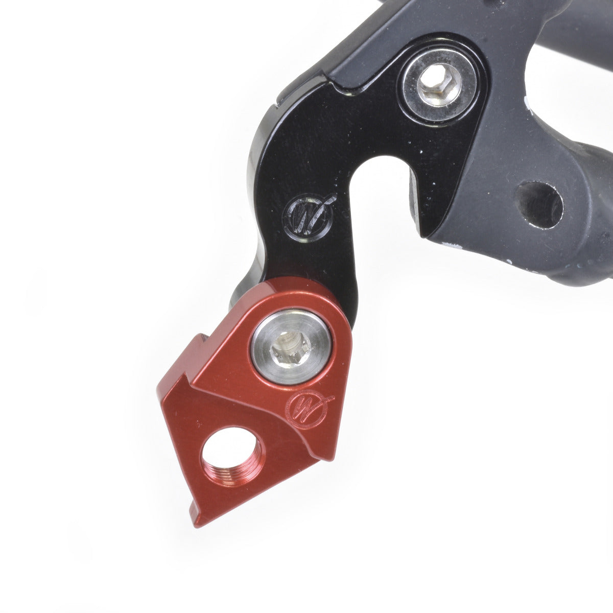 Wheels Manufacturing derailleur hanger with black and red anodized finish on white background