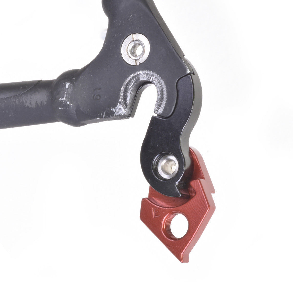 Wheels Manufacturing black and red derailleur hanger with mounting hardware on white background