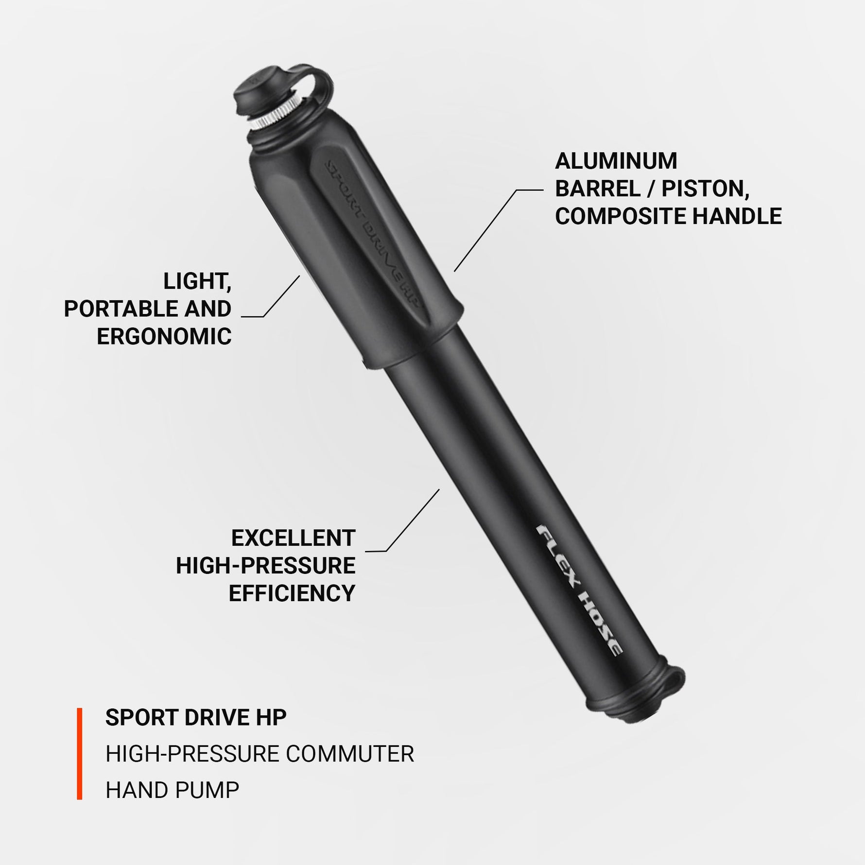 Lezyne Sport Drive HP high-pressure bicycle hand pump in satin black finish