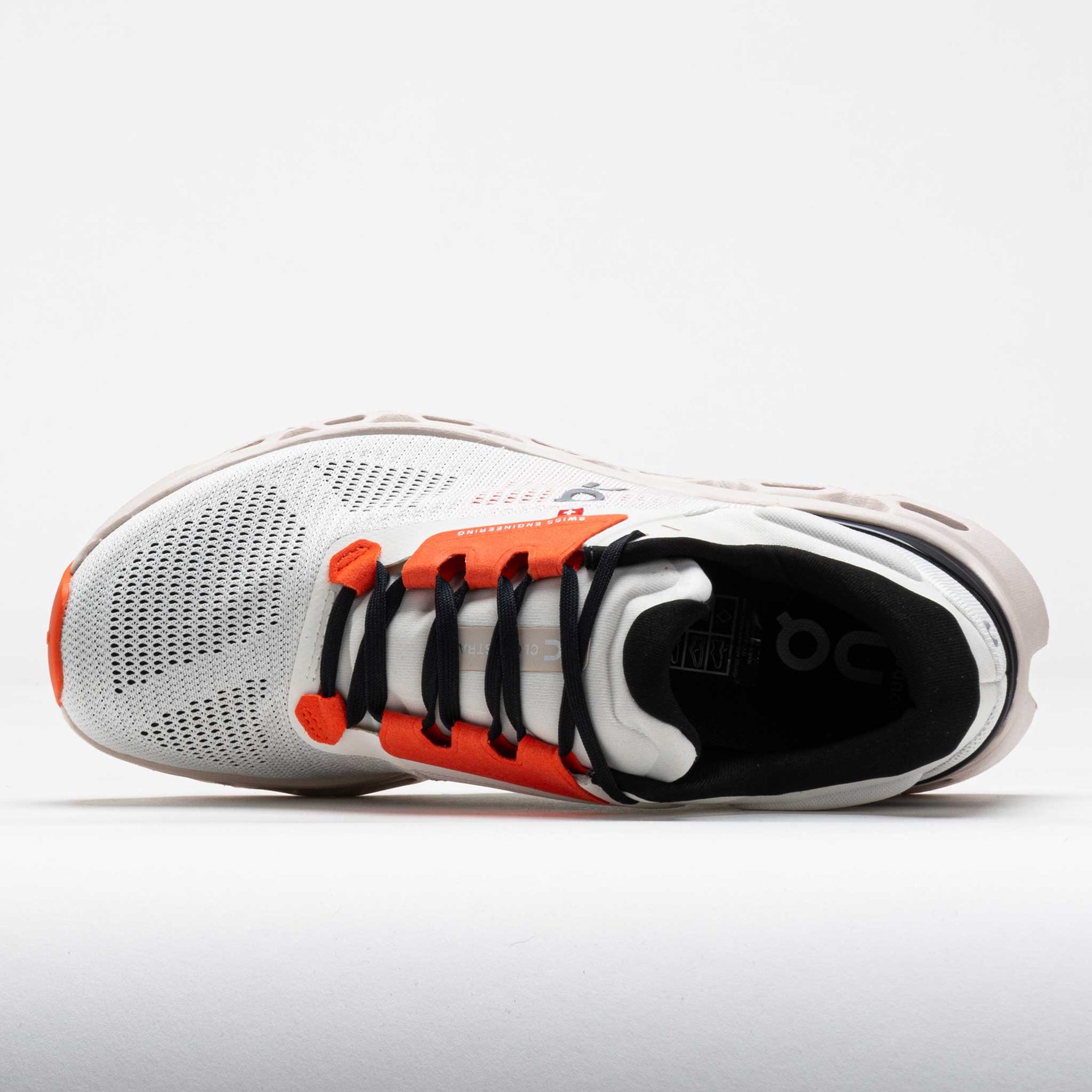 On Cloudstratus 3 running shoe in white and sand colorway, top view