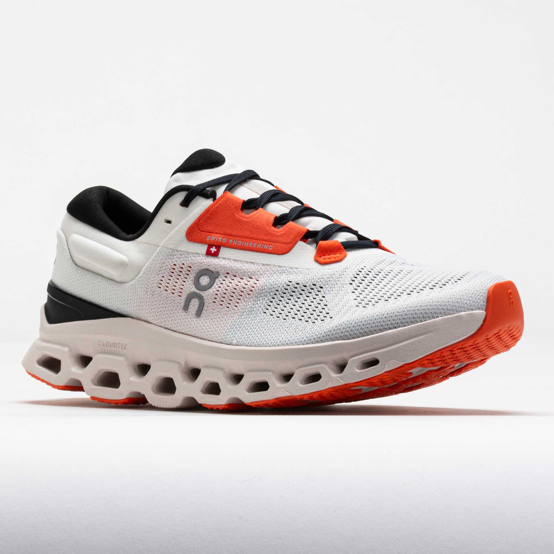 On Cloudstratus 3 men's running shoe in white with orange accents and distinctive sole