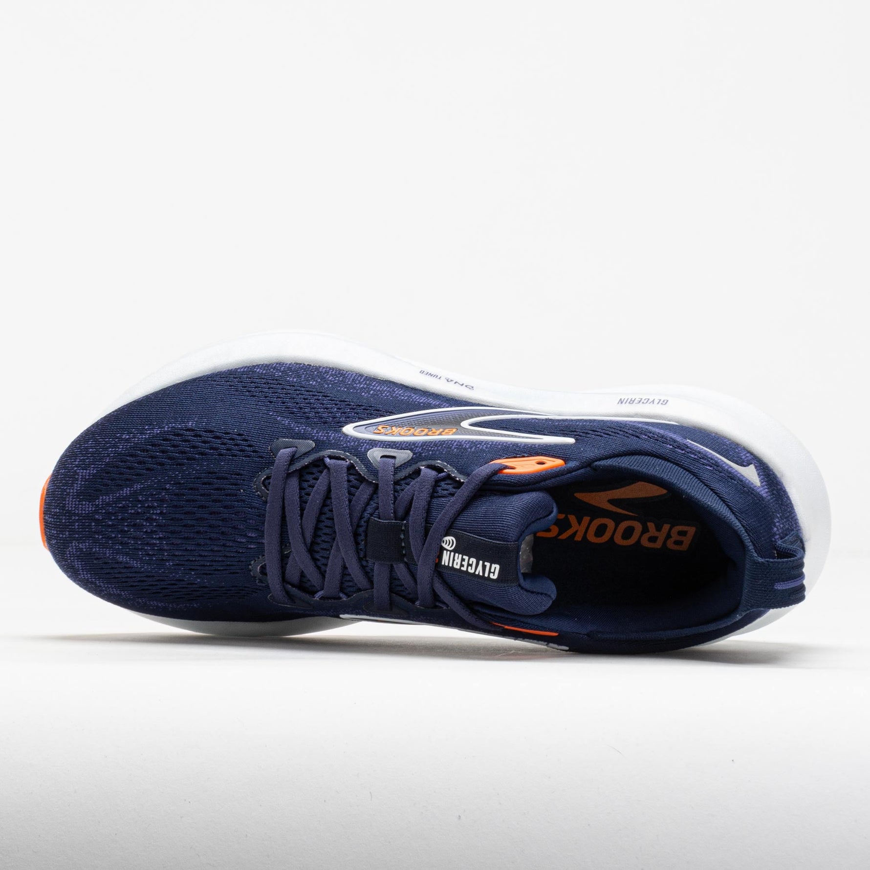 Brooks Glycerin 22 men's running shoe in navy blue with orange details