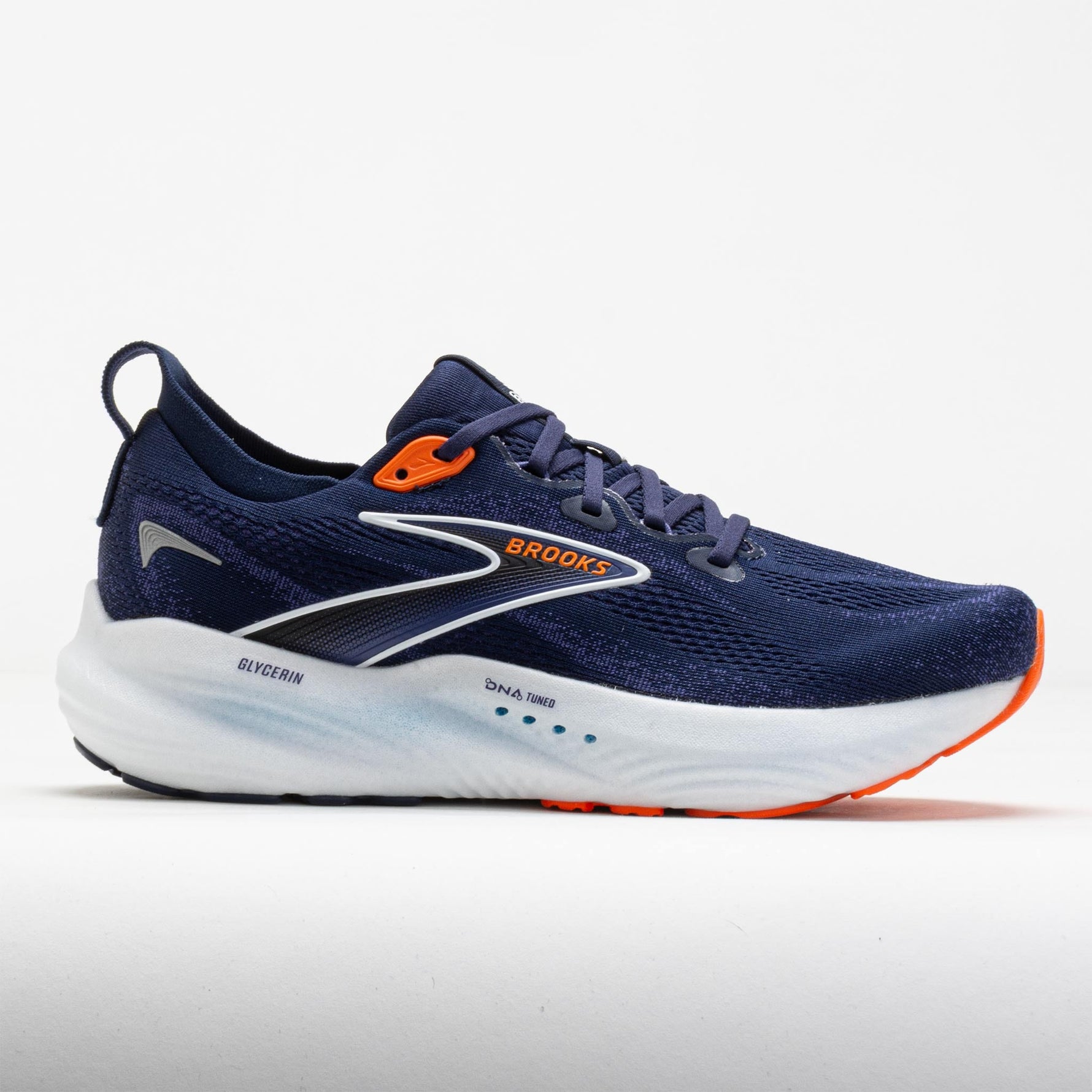 Brooks Glycerin 22 men's running shoe in navy blue with orange details