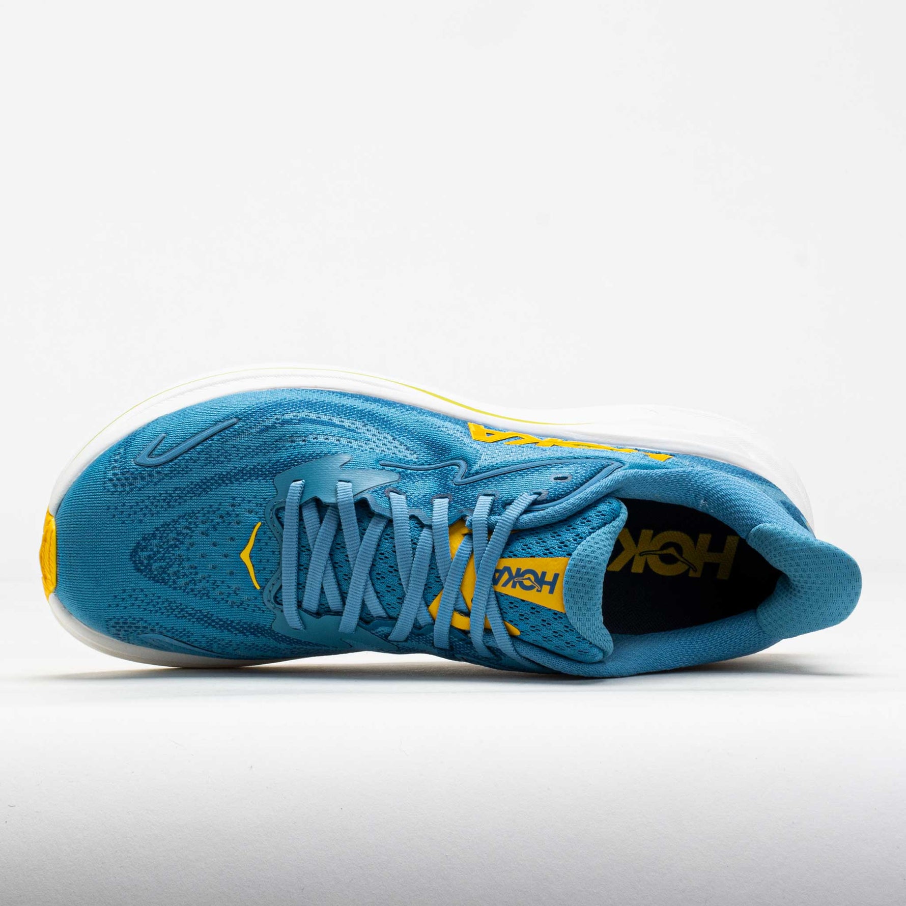 Hoka Clifton 10 men's running shoe in alpine blue with yellow details
