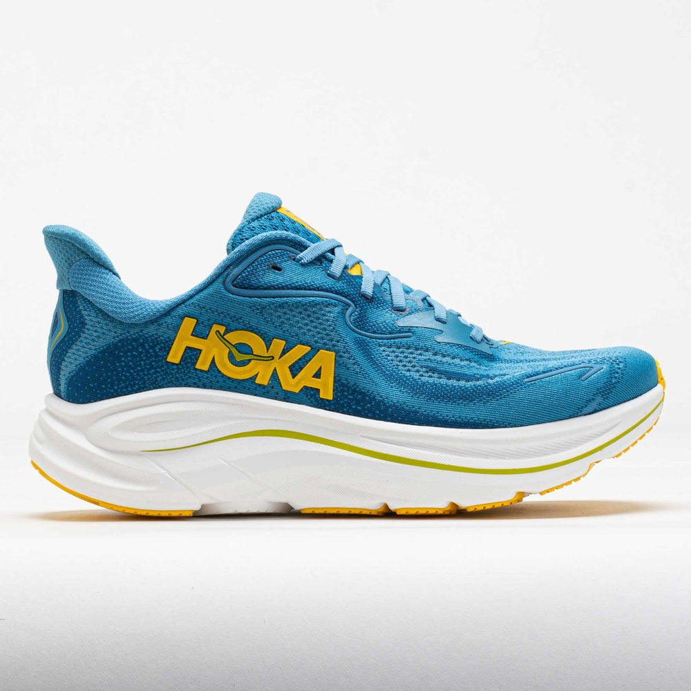 Hoka Clifton 10 men's running shoe in alpine blue with yellow branding
