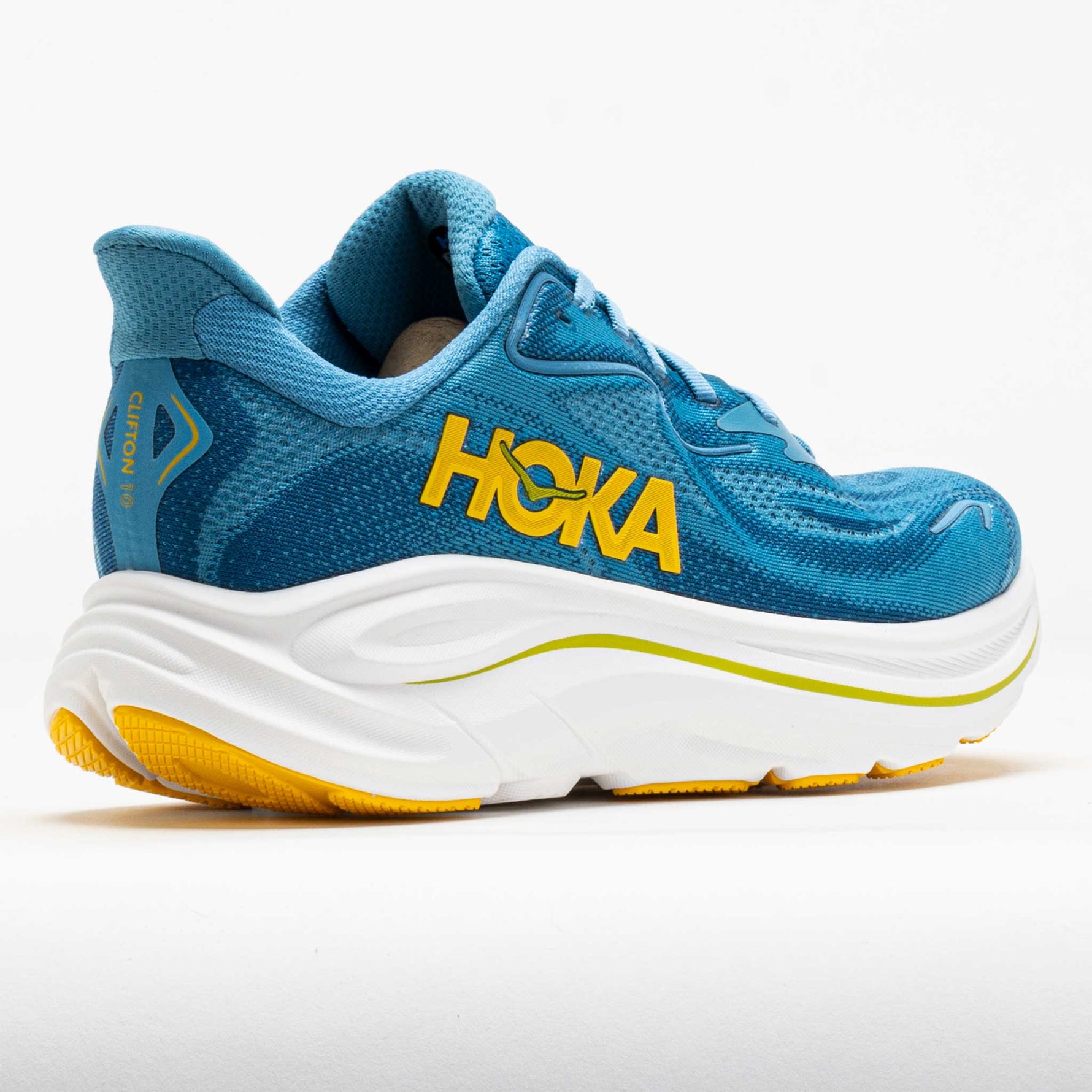 Hoka Clifton 10 men's running shoe in alpine blue with yellow accents