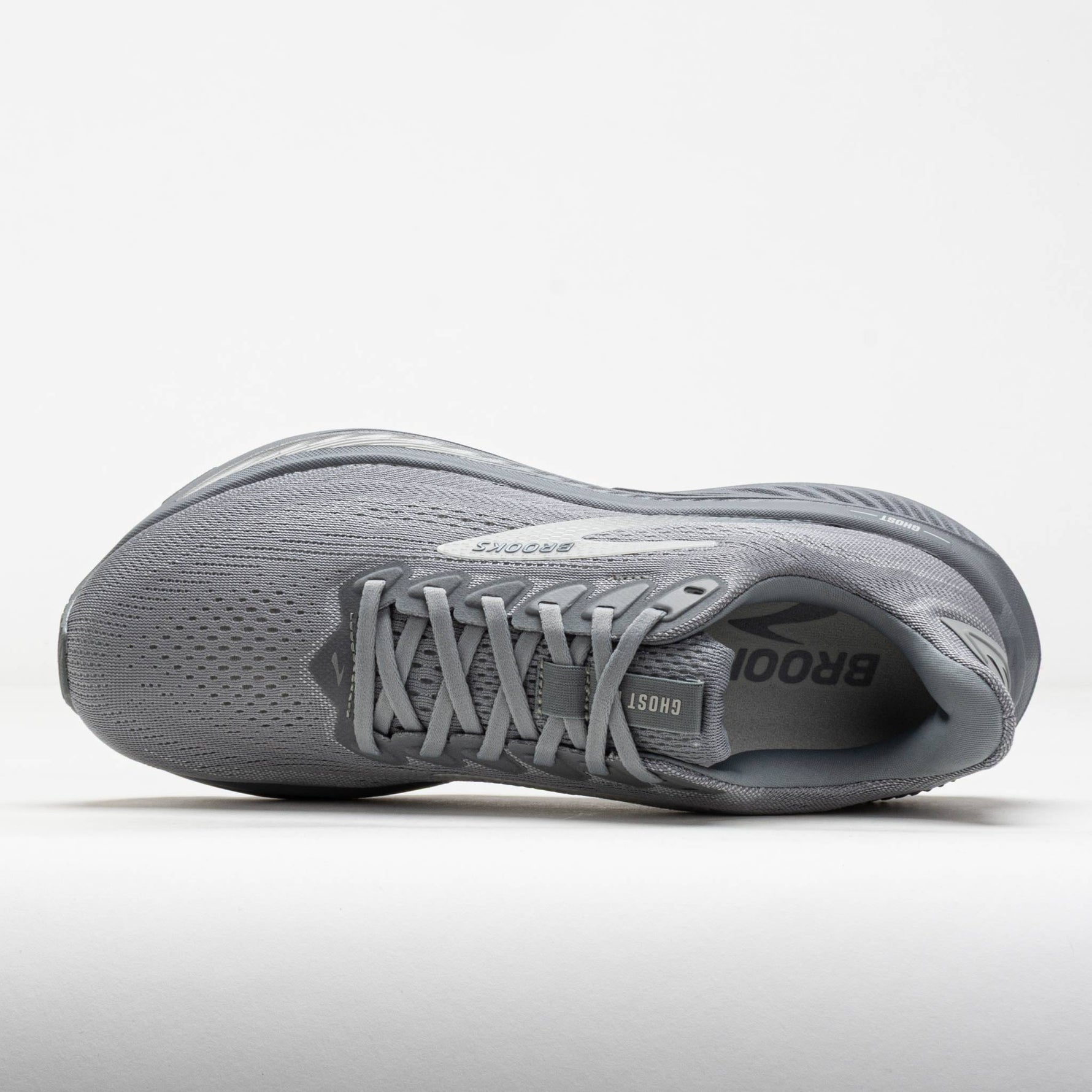 Brooks Ghost 17 men's running shoe in gray and oyster mushroom colorway top view