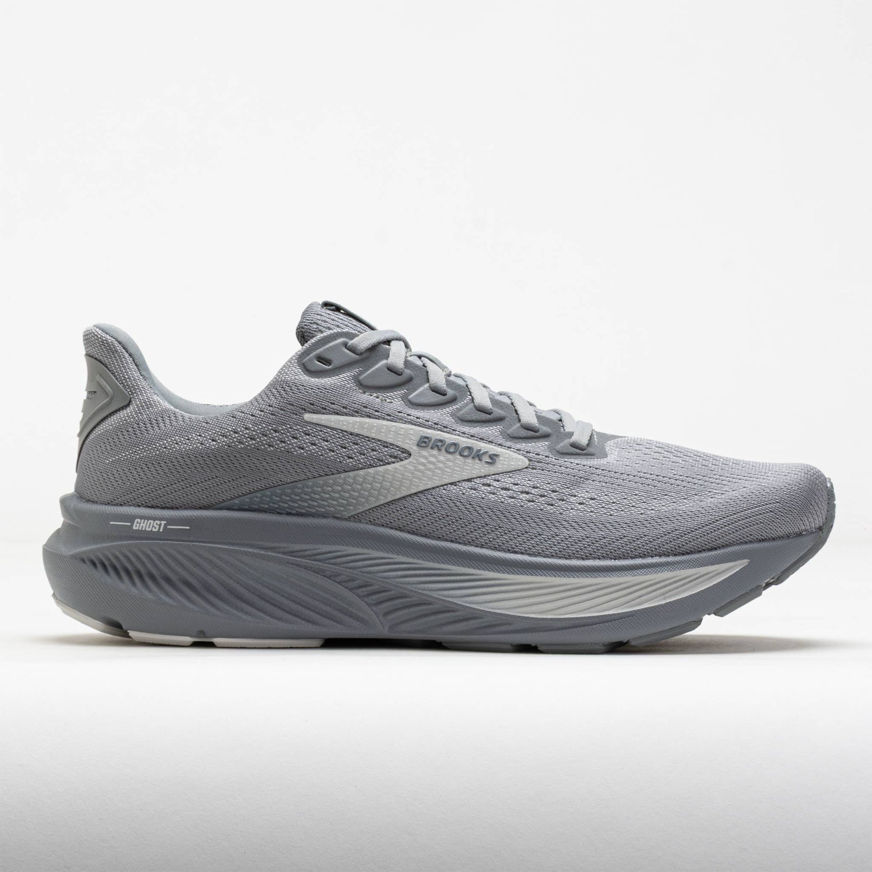 Brooks Ghost 17 men's running shoe in gray and oyster colorway with clean studio background