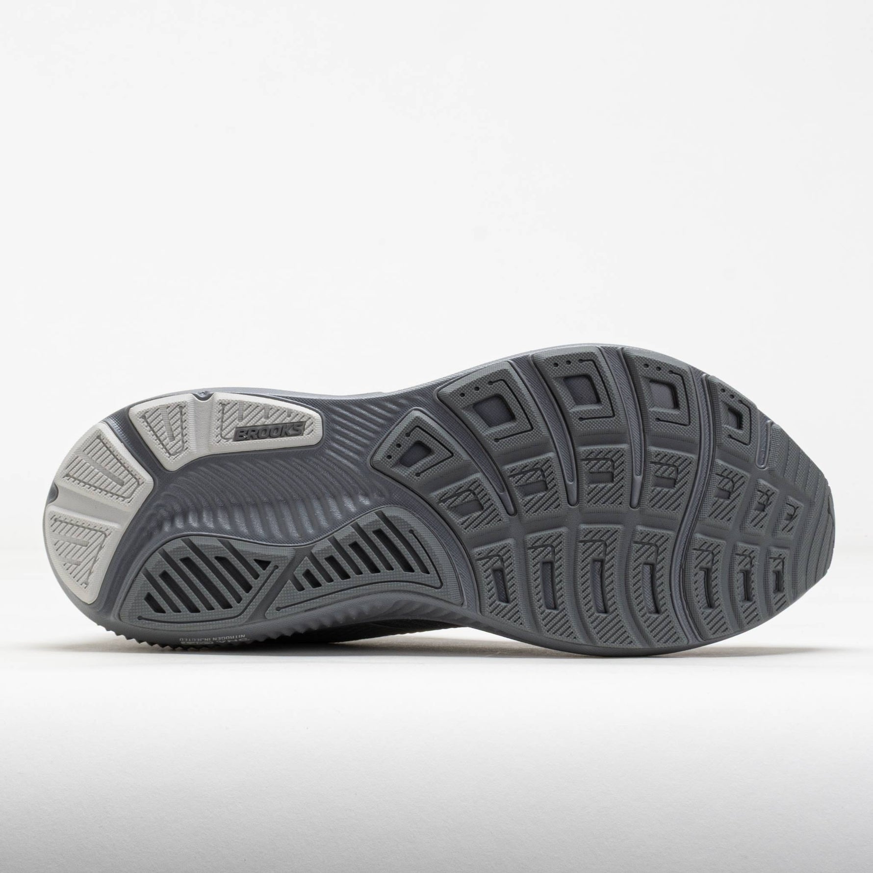 Brooks Ghost 17 men's running shoe in gray, oyster, and mushroom colorway with sole view
