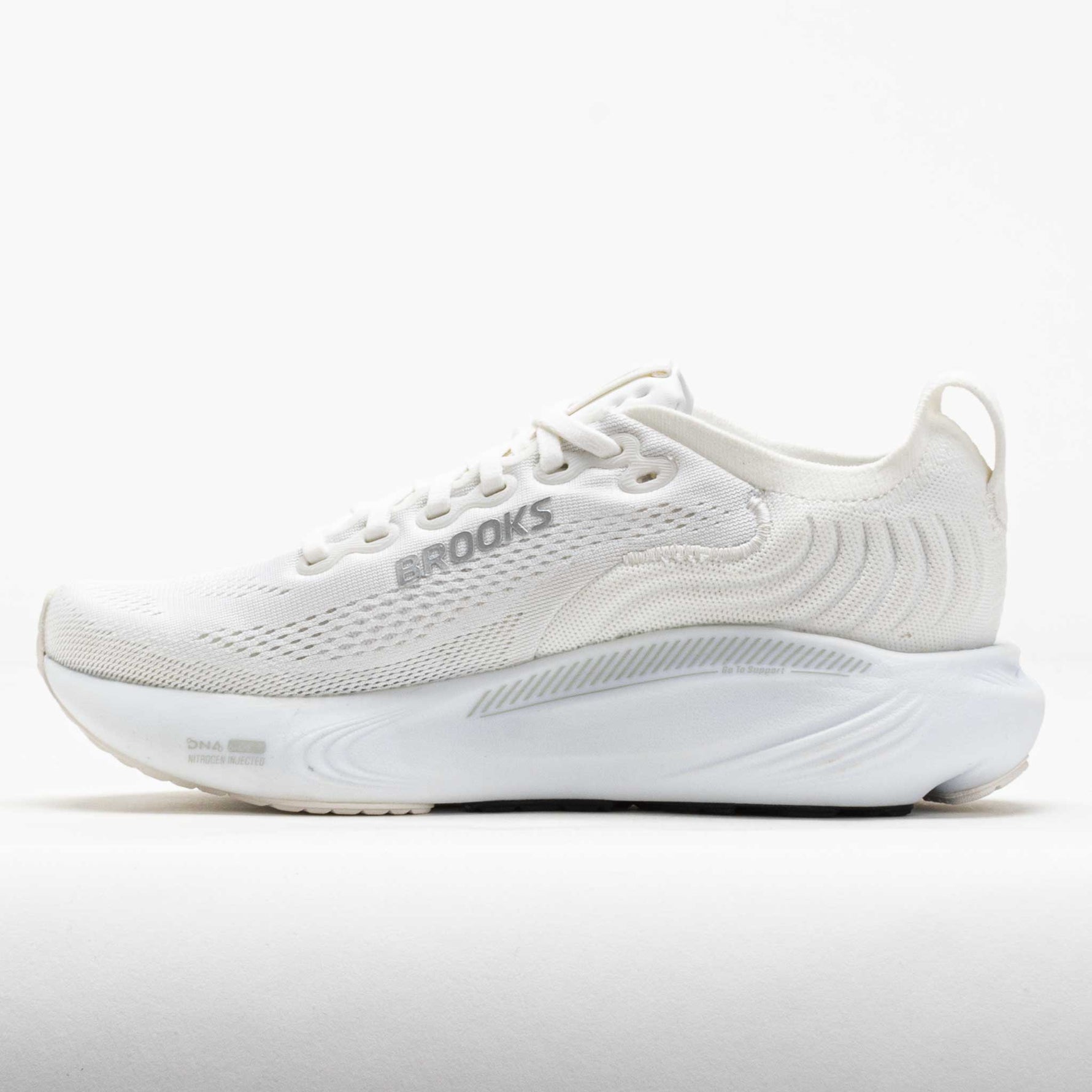 Brooks Adrenaline GTS 25 Women's running shoe in white with silver accents and branding