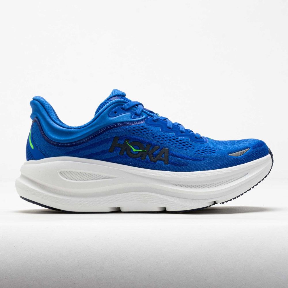 HOKA Bondi 9 men's running shoe in bright blue with white midsole