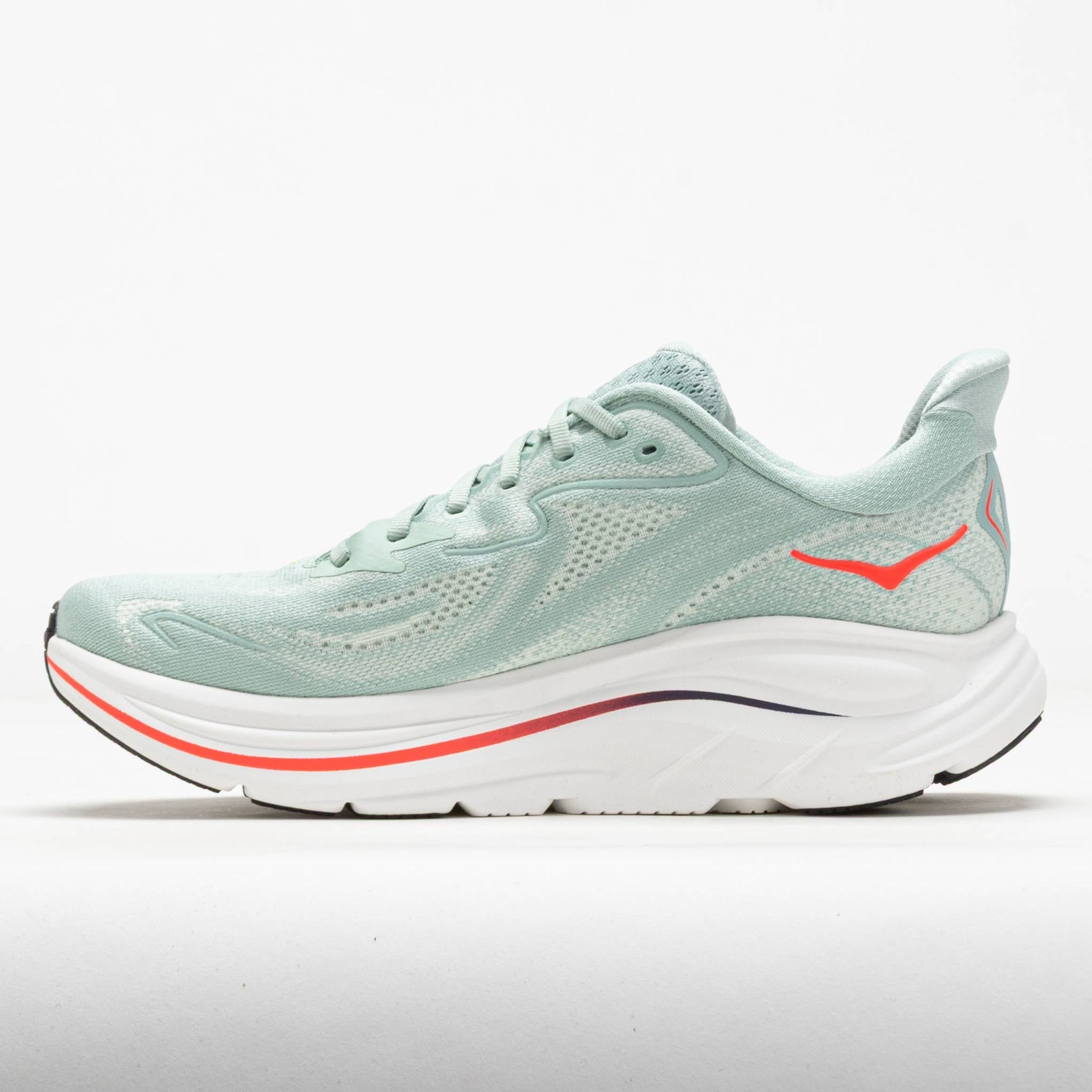 Hoka Clifton 10 men's running shoe in sage green with neon orange accents