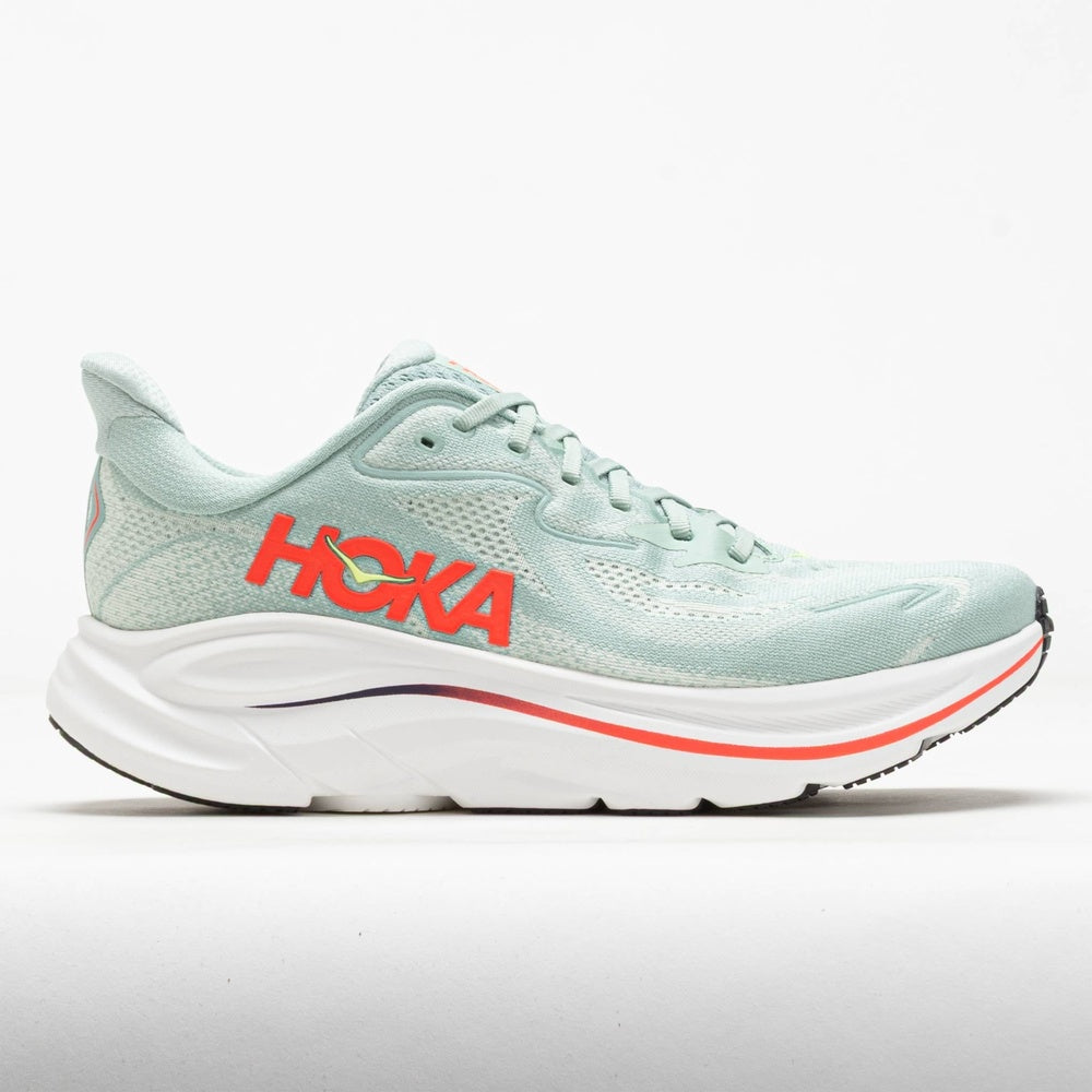 Hoka Clifton 10 men's running shoe in sage green with neon orange details