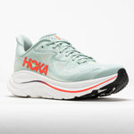 Hoka Clifton 10 men's running shoe in sage green with neon flame orange accents
