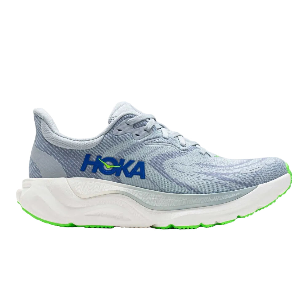 Hoka Arahi 8 men's running shoe in mineral blue with green sole details
