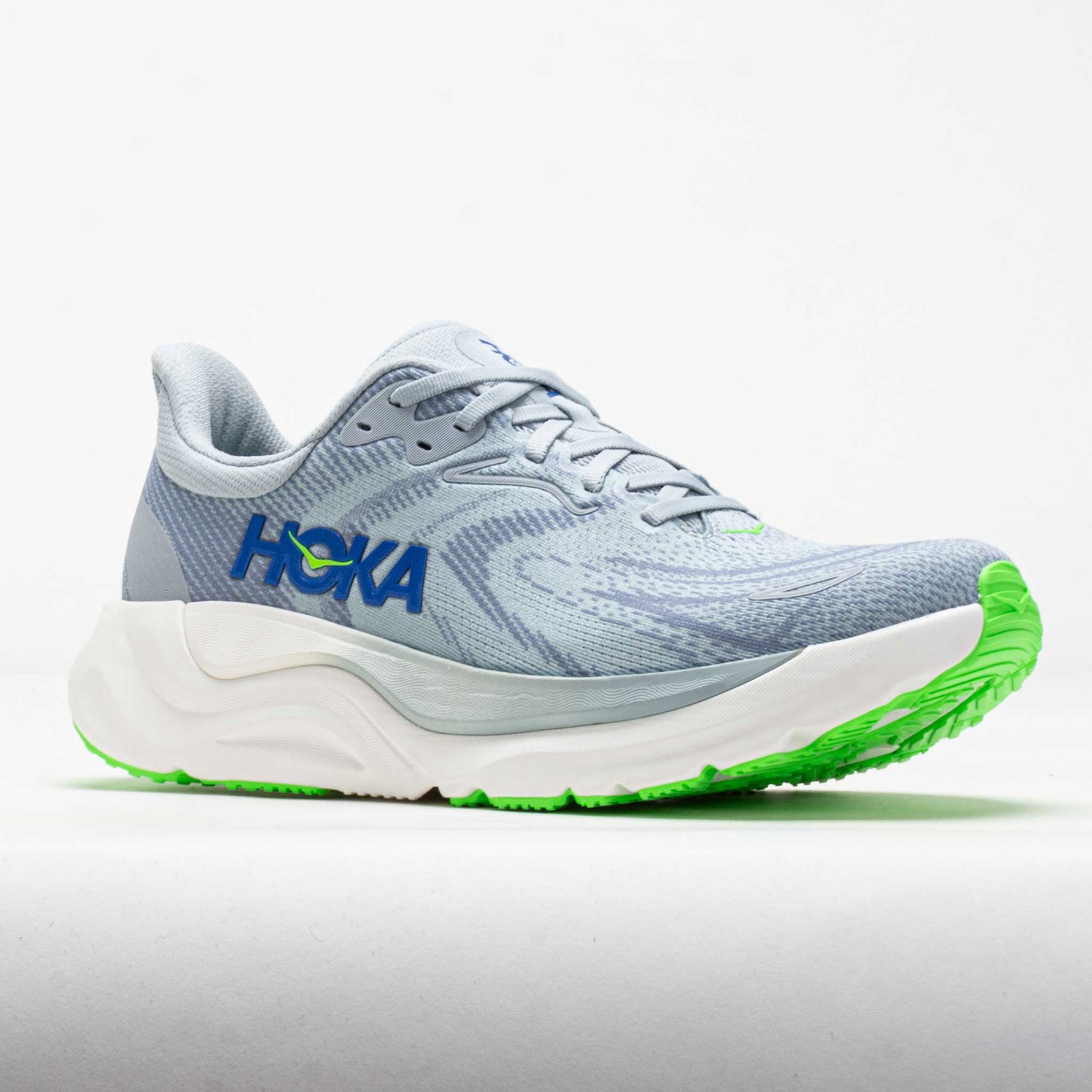 Hoka Arahi 8 men's running shoe in mineral blue with green outsole