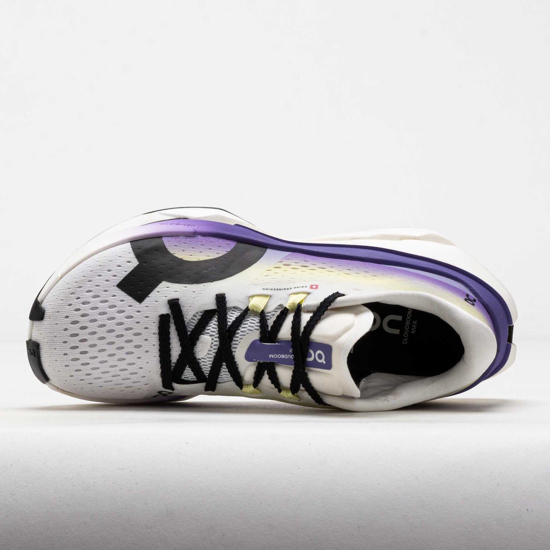 On Cloudboom Max men's running shoe in white with purple accents, top view