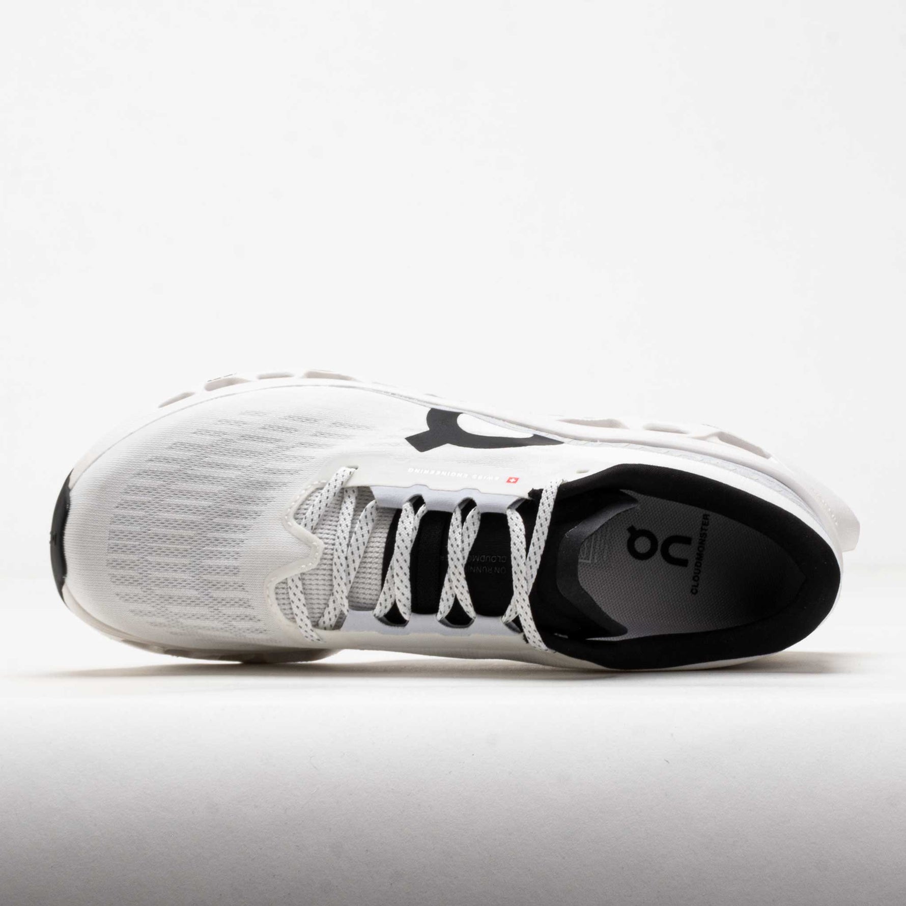 On Cloudmonster 3 running shoe in white colorway shown from top angle