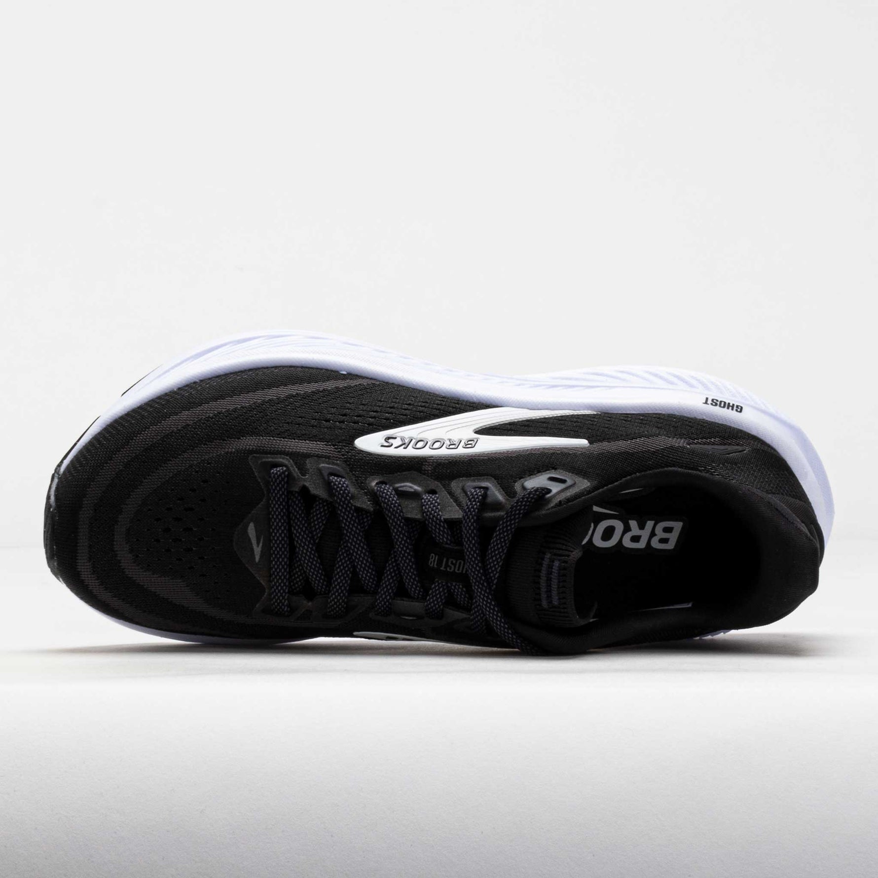 Brooks Ghost 18 running shoes in black mesh upper with white midsole from above