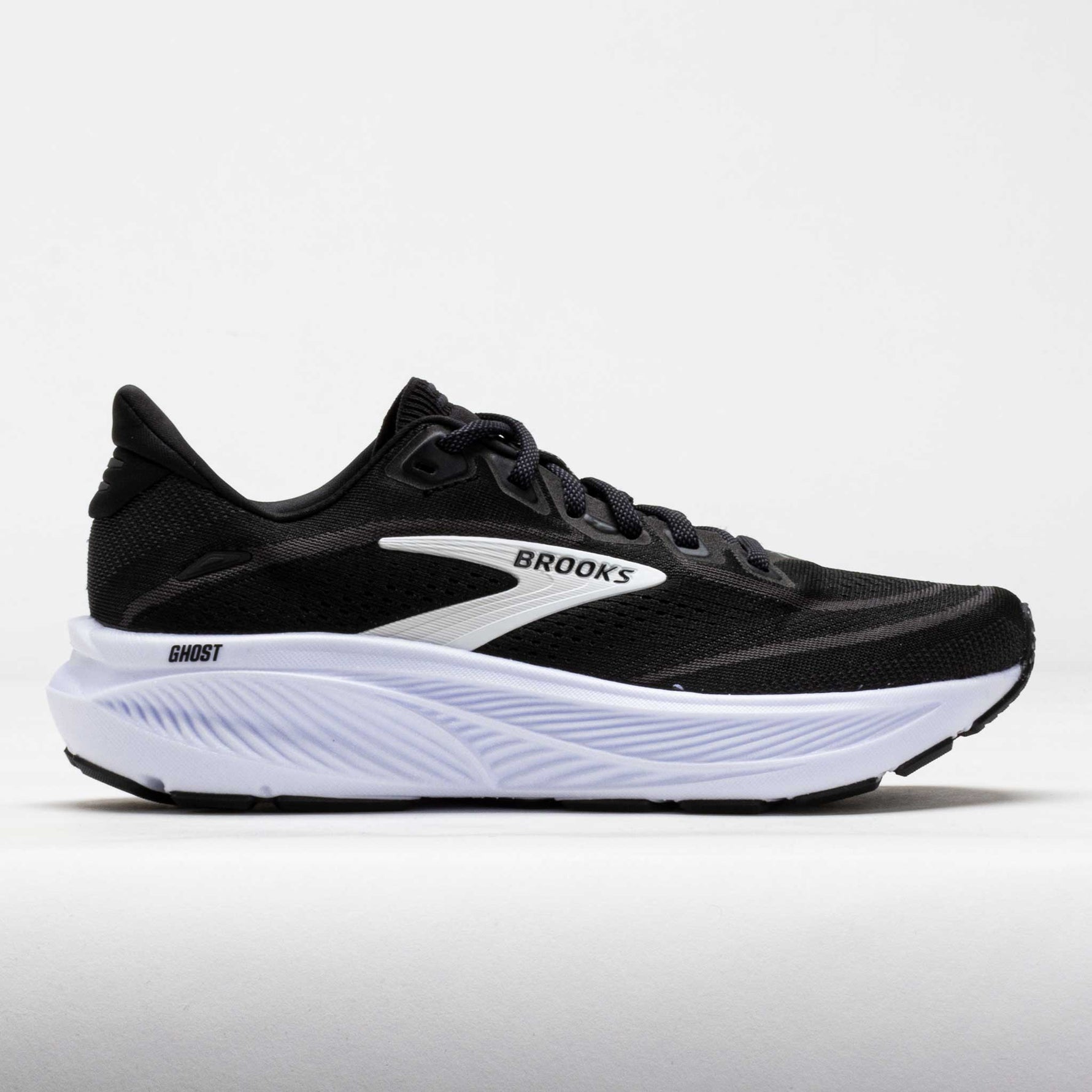 Brooks Ghost 18 running shoes in black and white colorway on white background